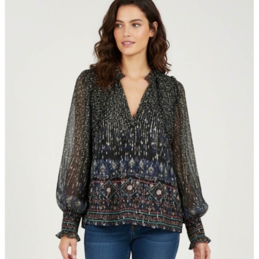 Elegant Black and Blue Patterned Blouse